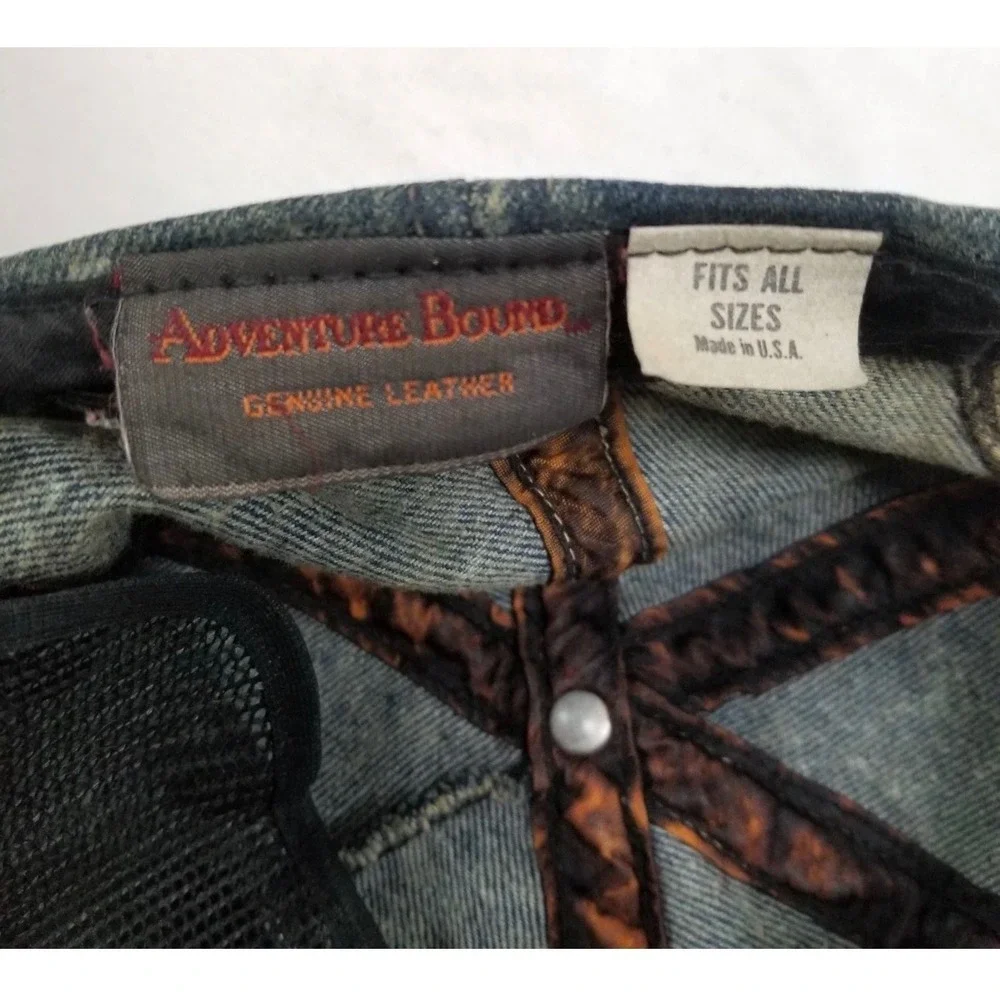 Adventure Bound Acid Wash Denim Cap Leather Bib Baseball Distressed Streetwear